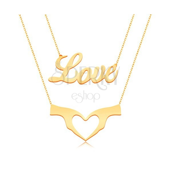Necklace made of yellow 9K gold - double chain, Love inscription and heart formed with two hands