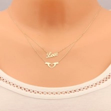 Necklace made of yellow 9K gold - double chain, Love inscription and heart formed with two hands