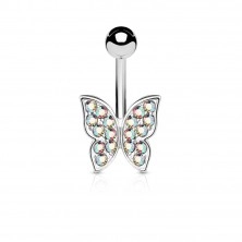 Bellybutton piercing made of surgical steel, sparkly zircon butterfly