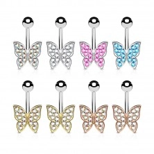 Bellybutton piercing made of surgical steel, sparkly zircon butterfly