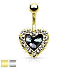 Bellybutton piercing made of 316L steel, black heart with pieces of nacre and clear zircons