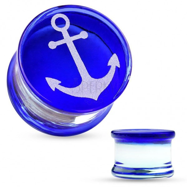 Saddle ear plug made of pyrex glass, white anchor on blue surface