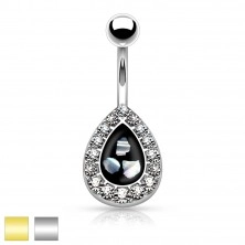 Steel bellybutton piercing, black drop with pieces of mother-of-pearl, rimmed with zircons