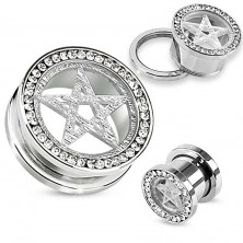 Tunnel plug for ear made of surgical steel, silver colour, pentagram, zircons