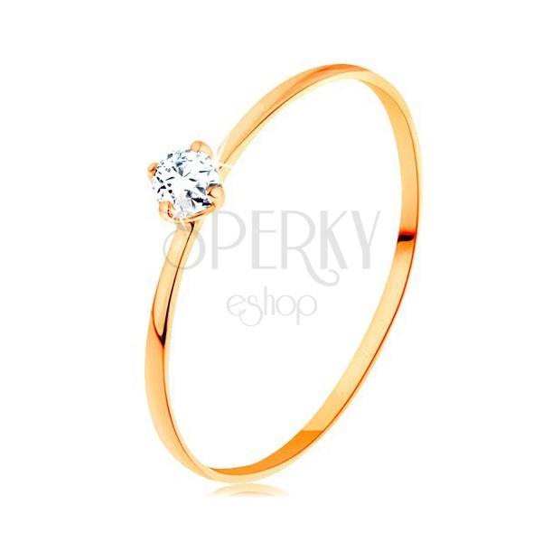 Ring made of yellow 14K gold - thin arms, round diamond in clear colour