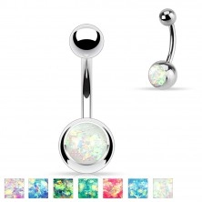 Steel piercing for belly button in silver colour, ball with imitation of opal