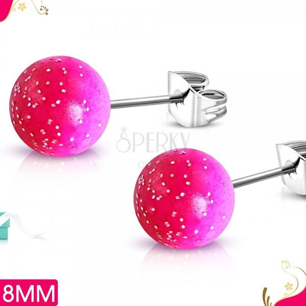 Steel earrings, pink-white acrylic balls with glitters, studs
