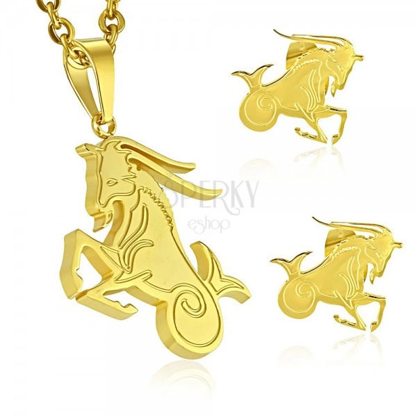Set made of surgical steel in gold colour, pendant and earrings, zodiac sign CAPRICORN