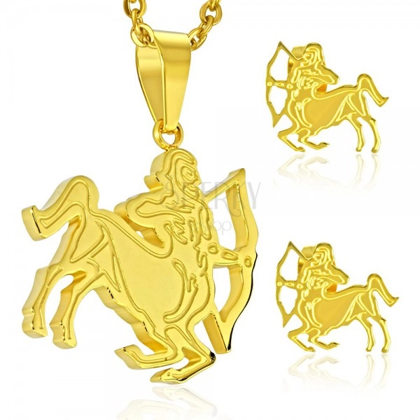 Steel set in gold colour, earrings and pendant, zodiac sign SAGITTARIUS
