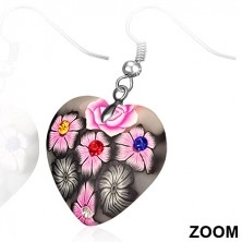 FIMO earrings dangling on hooks, gray heart with pink flowers and zircons