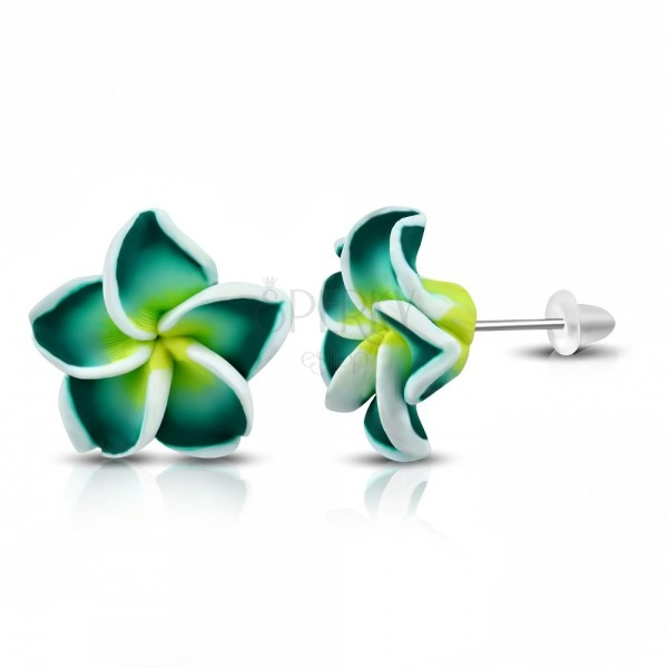 Stud FIMO earrings, green-yellow flower with white border