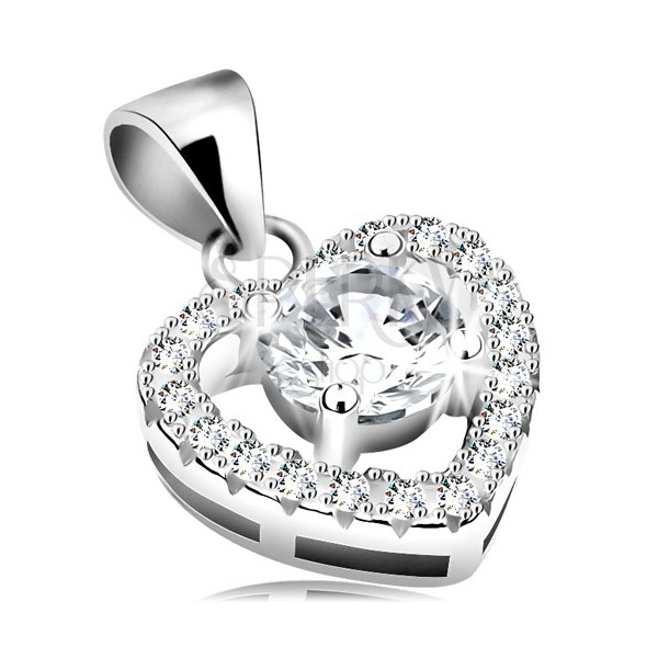 925 silver pendant, big clear zircon in glistening heart contour