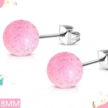 Stud steel earrings, light pink acrylic balls with glitters
