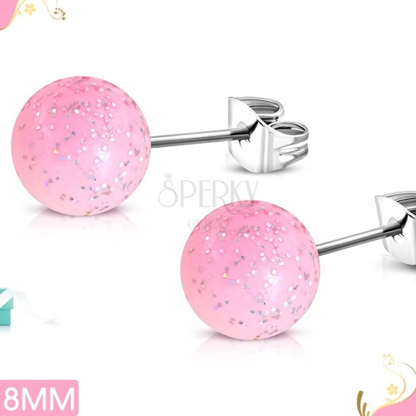 Stud steel earrings, light pink acrylic balls with glitters