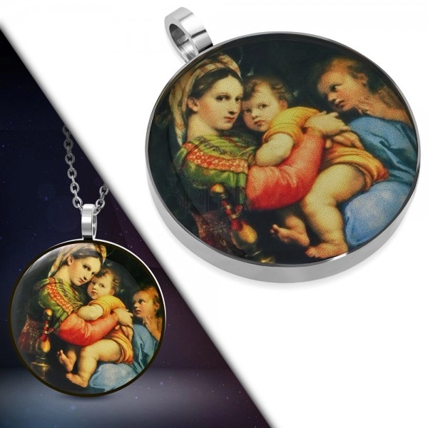Pendant made of 316L steel - round picture of Holy Mary with child in her arms