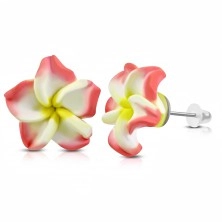 FIMO earrings, pink-white flower with yellow centre, studs