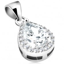 Pendant made of 925 silver, rhodium plated, clear zircon teardrop, border composed of tiny zircons