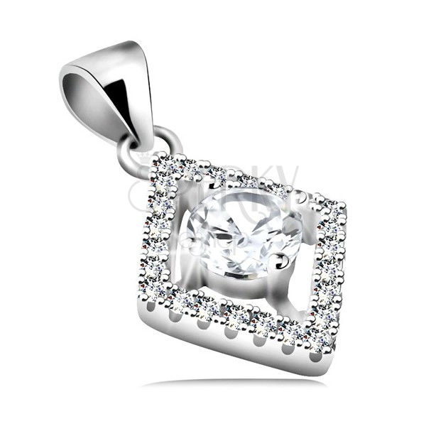 925 silver pendant, clear round zircon in rhombus contour