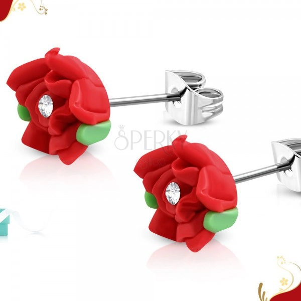 Stud steel earrings, red rose made of FIMO material, clear zircon in the middle
