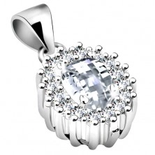 Pendant made of 925 silver, clear zircon oval with glossy contour, rhodium plated