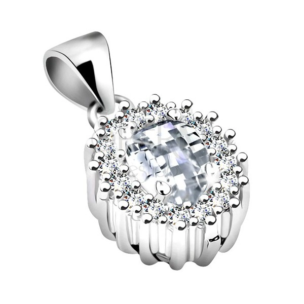 Pendant made of 925 silver, clear zircon oval with glossy contour, rhodium plated