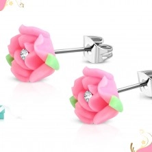Stud steel earrings, pink rose flower made of FIMO material, clear zircon in the middle