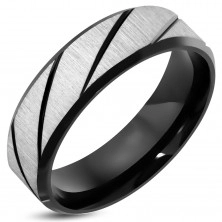 Ring made of 316L steel with cut surface, black diagonal strips, 7 mm