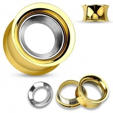 Steel ear tunnel in gold colour with circle in silver hue, high gloss