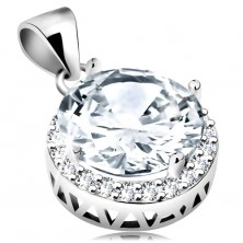 Silver 925 pendant, big round clear zircon with glossy border