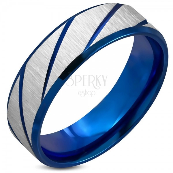 Ring made of surgical steel, rough surface, dark blue bevelled notches, 7 mm