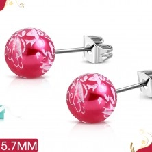 Earrings made of 316L steel, dark pink acrylic balls with white flower motifs
