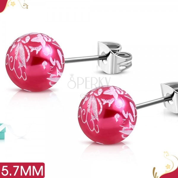 Earrings made of 316L steel, dark pink acrylic balls with white flower motifs