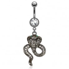 Bellybutton piercing made of surgical steel in dark gray colour, cobra with green eyes