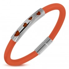 Orange rubber bracelet, steel roll with four heart cutouts