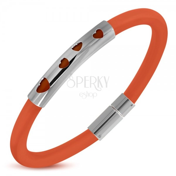Orange rubber bracelet, steel roll with four heart cutouts