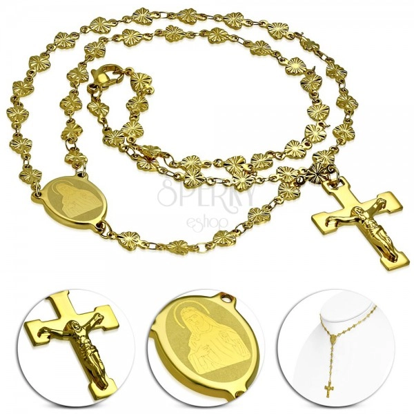 Necklace made of surgical steel in gold colour with Virgin Mary locket and cross
