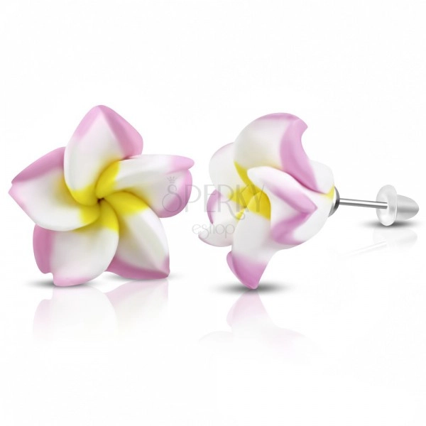 FIMO earrings, white flower with pink border and yellow centre, studs