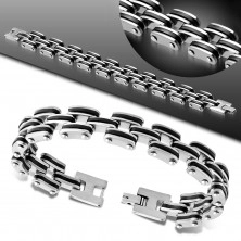 Bracelet made of 316L steel and black rubber, narrow links with strips in silver colour