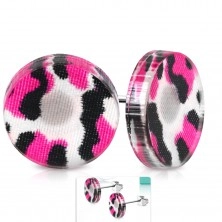 Earrings made of surgical steel, circle made of acrylic with pink-black leopard pattern