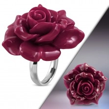 Ring made of 316L steel - big pink-violet blooming rose made of resin