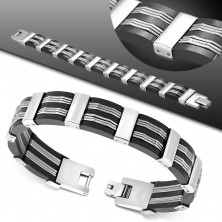 Steel-rubber bracelet, links in silver colour, black rubber joints
