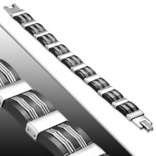 Steel-rubber bracelet, links in silver colour, black rubber joints
