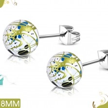 Earrings made of surgical steel, white acrylic balls with coloured spots and lines
