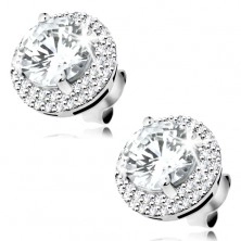 925 silver earrings, round zircon in clear colour, glossy border, studs