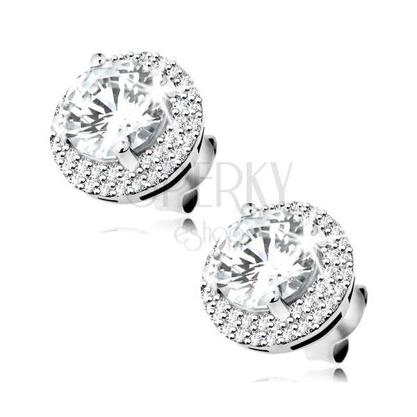 925 silver earrings, round zircon in clear colour, glossy border, studs