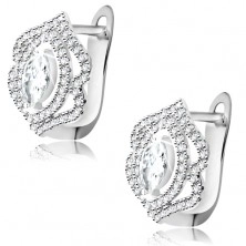 Earrings made of 925 silver, lustrous clear zircon grain, double border