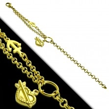 Bracelet made of 316L steel in gold colour, heart and anchor, circle and double chain