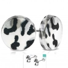 Earrings made of surgical steel, acrylic circle with gray-black leopard pattern