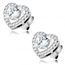 925 silver earrings, round clear zircon in glossy heart contour, cutouts