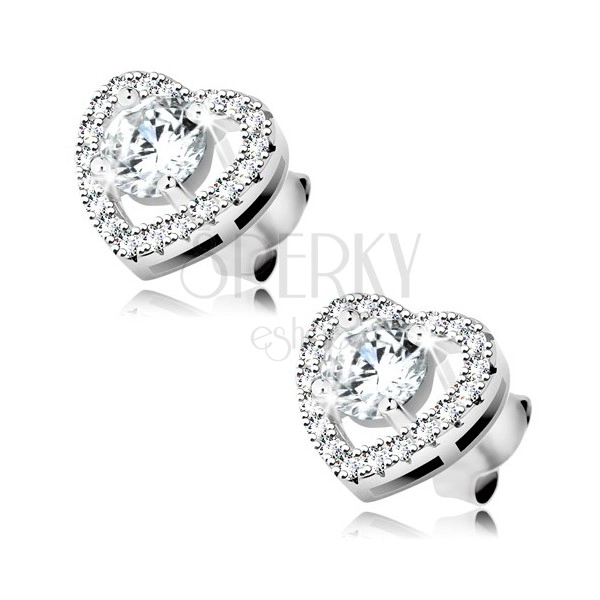 925 silver earrings, round clear zircon in glossy heart contour, cutouts